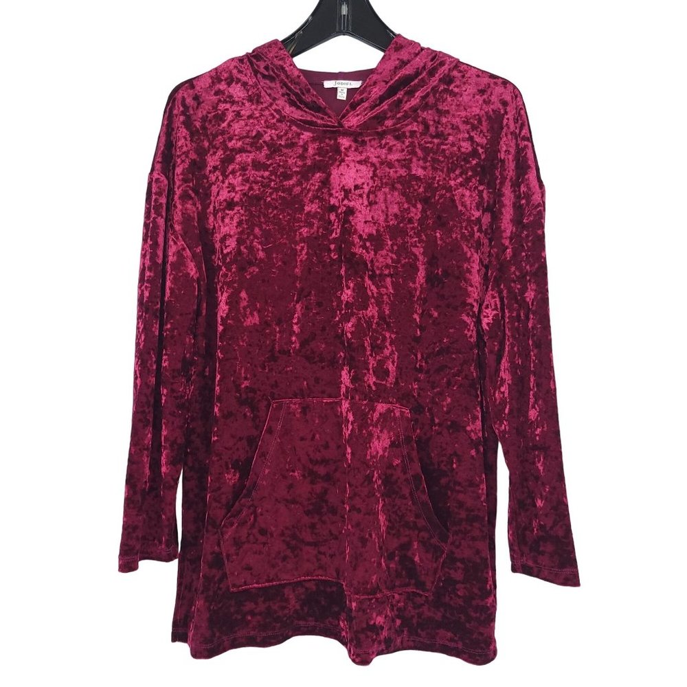 Jodifl Burgundy Velvet Hooded Pullover Top Sz M Stretchy Pocket Long Sleeve Boho